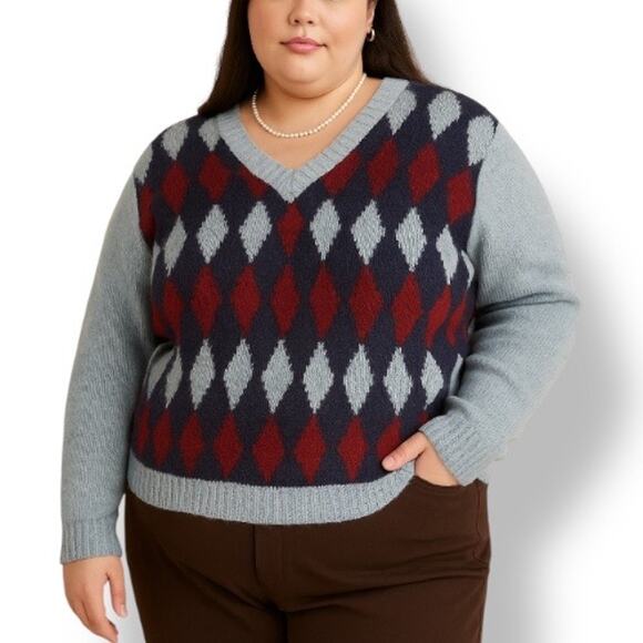 Vintage 80s Argyle Sweater V Neck Navy Blue Burgundy Knit Preppy Academia 2X - Picture 1 of 8